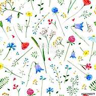 Floral seamless pattern with wild flowers and herbs on a white b vászonkép, poszter vagy falikép