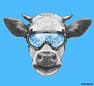 Portrait of Cow with ski goggles. Hand drawn illustration. vászonkép, poszter vagy falikép