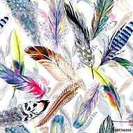 Watercolor bird feather pattern from wing. Aquarelle feather for vászonkép, poszter vagy falikép