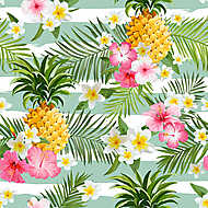 Ananászok és trópusi virágok Geometria háttér - Vintage Se vászonkép, poszter vagy falikép