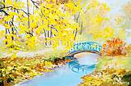 Őszi erdő híddal (olajfestmény reprodukció) vászonkép, poszter vagy falikép