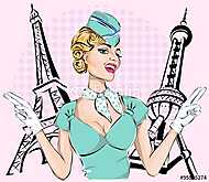 Gyönyörű szexi stewardess az Eiffel-toronnyal és a Keleti Pearl vászonkép, poszter vagy falikép