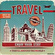 Vintage utazási plakát címkével és híres épületgel vászonkép, poszter vagy falikép