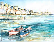 Mediterrán part, csónakokkal, vízfesték stílusban vászonkép, poszter vagy falikép