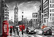 London utcái és a Big Ben. Fekete, piros színverzió (olajfestmény reprodukció) vászonkép, poszter vagy falikép