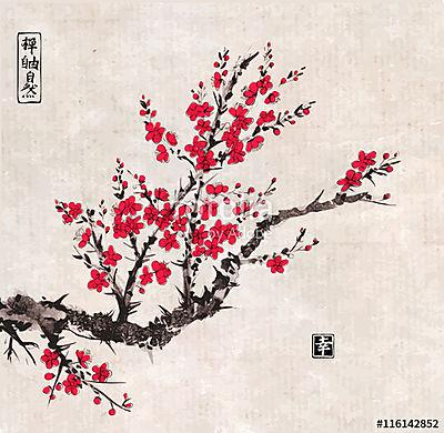 Oriental sakura cseresznyefa virágban vintage rizspapírral (többrészes kép) - vászonkép, falikép otthonra és irodába