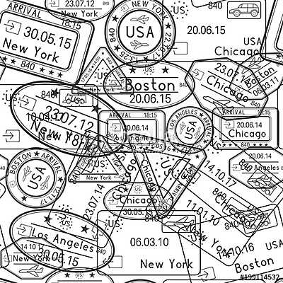 Passport stamps seamless pattern. Black and white travel backgro (fotótapéta) - vászonkép, falikép otthonra és irodába