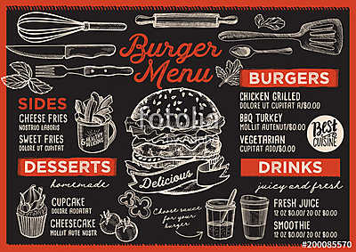 Burger restaurant menu. Vector food flyer for bar and cafe. Desi (keretezett kép) - vászonkép, falikép otthonra és irodába