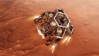 Perseverance Mars Rover begyújtja a leszálló rakétákat (Illusztráció) (többrészes kép) - vászonkép, falikép otthonra és irodába