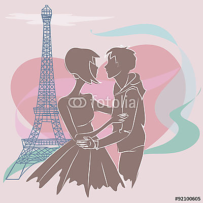 Édes pár Párizsban az Eiffel-torony közelében. Nagy szív backgro (keretezett kép) - vászonkép, falikép otthonra és irodába