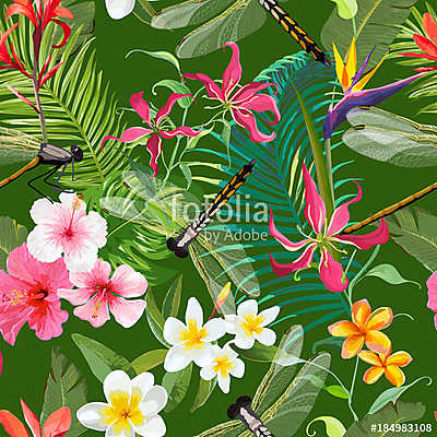 Trópusi virágos zökkenőmentes minta sárkányfarkával. Természet B (poszter) - vászonkép, falikép otthonra és irodába