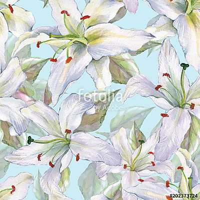 Pattern with lilies 2. Floral seamless watercolor background wit (fotótapéta) - vászonkép, falikép otthonra és irodába