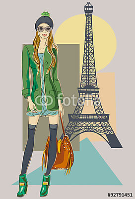 Ősz Párizsban. Divat lány az Eiffel-torony közelében (keretezett kép) - vászonkép, falikép otthonra és irodába