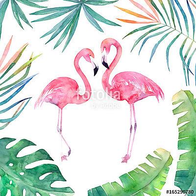 Két flamingóval trópusi levelek (poszter) - vászonkép, falikép otthonra és irodába