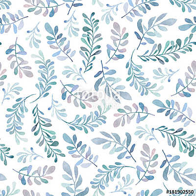 Watercolor seamless pattern with blue and green branches in gent (keretezett kép) - vászonkép, falikép otthonra és irodába