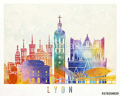 Lyon landmarks watercolor poster (keretezett kép) - vászonkép, falikép otthonra és irodába