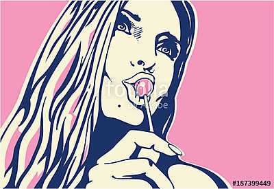 woman licking lollipop pop art style banner (többrészes kép) - vászonkép, falikép otthonra és irodába