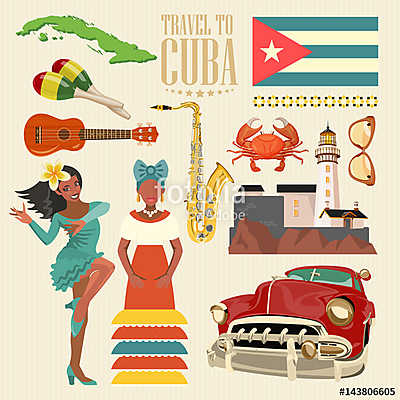 Kuba látványosság és látnivalók - utazási képeslap fogalom. Vect (többrészes kép) - vászonkép, falikép otthonra és irodába