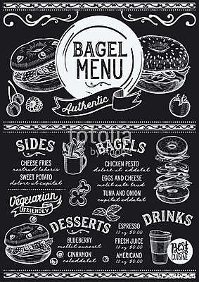 Bagels restaurant menu. Vector sandwich food flyer for bar and c (vászonkép óra) - vászonkép, falikép otthonra és irodába