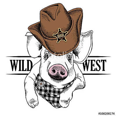 The image of portrait of the pig in a cowboy hat and cravat. Vec (keretezett kép) - vászonkép, falikép otthonra és irodába
