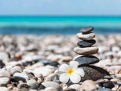 Zen balanced stones stack with plumeria flower (bögre) - vászonkép, falikép otthonra és irodába