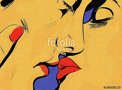 pop art couple amour sensualité, gros plan,baiser,dessin couleur (fotótapéta) - vászonkép, falikép otthonra és irodába