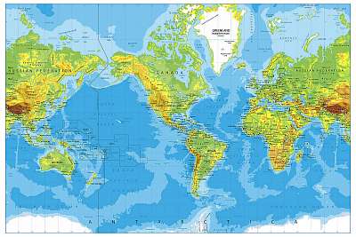 Amerika központú fizikai világtérkép (fotótapéta) - vászonkép, falikép otthonra és irodába