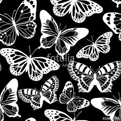 Pillangók fekete-fehér tapétaminta (keretezett kép) - vászonkép, falikép otthonra és irodába