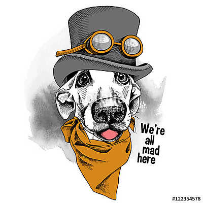 Portrait funny dog wearing steampunk top hat with glasses and cr (bögre) - vászonkép, falikép otthonra és irodába