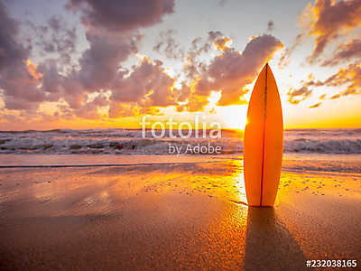 surfboard on the beach in sea shore at sunset time with beautiful light (vászonkép óra) - vászonkép, falikép otthonra és irodába