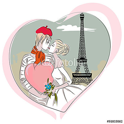 Csak a párizsi házaspár az Eiffel-torony közelében. Esküvő napja (keretezett kép) - vászonkép, falikép otthonra és irodába