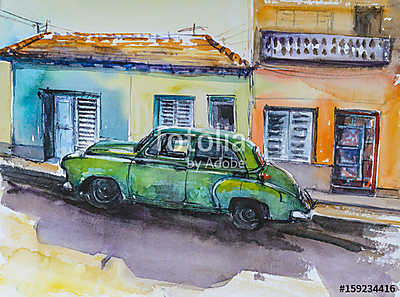 Zöld autó parkol (akvarell) (fotótapéta) - vászonkép, falikép otthonra és irodába