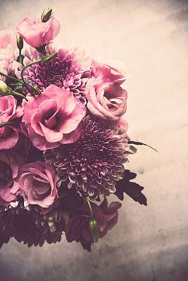 Bouquet of pink flowers closeup, eustoma and chrysanthemum (fotótapéta) - vászonkép, falikép otthonra és irodába