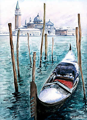 Gondola in winter-watercolor.My own artwork. (bögre) - vászonkép, falikép otthonra és irodába