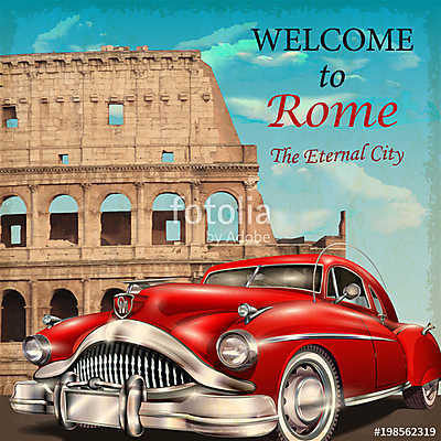 Welcome to Rome retro poster. (keretezett kép) - vászonkép, falikép otthonra és irodába