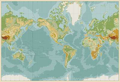 Amerika központú fizikai világtérkép. Vintage szín. Nincs szöveg (bögre) - vászonkép, falikép otthonra és irodába