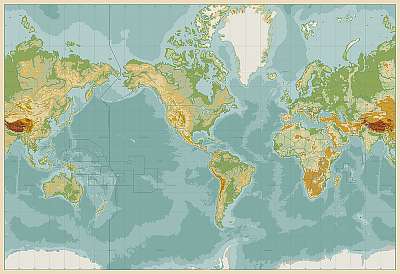 Amerika központú fizikai világtérkép. Vintage szín. Nincs szöveg (vászonkép óra) - vászonkép, falikép otthonra és irodába