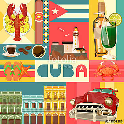 Kuba látványosság és látnivalók - utazási képeslap fogalom. Vect (vászonkép óra) - vászonkép, falikép otthonra és irodába