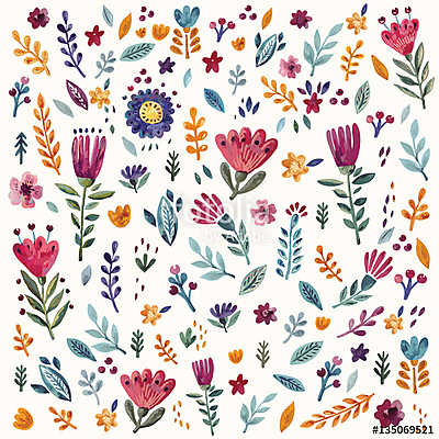 Floral pattern with watercolor flowers and leaves (fotótapéta) - vászonkép, falikép otthonra és irodába