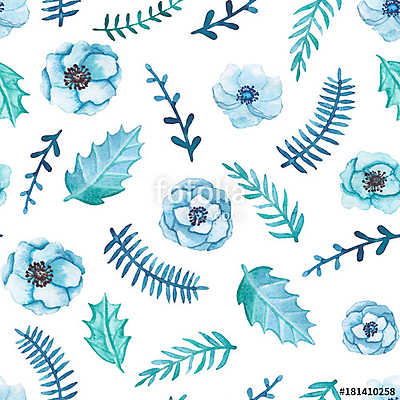 Seamless Pattern of Watercolor Winter Flowers and Leaves (fotótapéta) - vászonkép, falikép otthonra és irodába