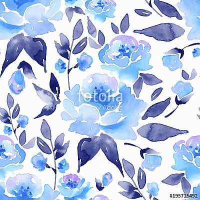 Floral seamless pattern 7. Watercolor background with blue flowe (fotótapéta) - vászonkép, falikép otthonra és irodába