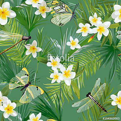 Trópusi virágos zökkenőmentes minta sárkányfarkával. Jungle Back (poszter) - vászonkép, falikép otthonra és irodába