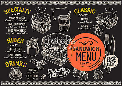 Sandwich restaurant menu. Vector food flyer for bar and cafe. De (bögre) - vászonkép, falikép otthonra és irodába