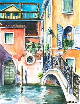 Venice watercolor painted. (keretezett kép) - vászonkép, falikép otthonra és irodába