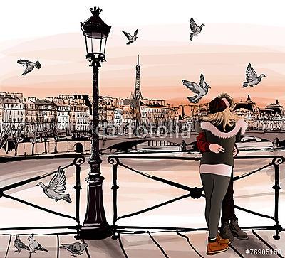Fiatal pár szerelmes a Pont des Arts-ben Párizsban (keretezett kép) - vászonkép, falikép otthonra és irodába