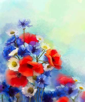 Az akvarell vörös mákvirág, a kék búzavirág és a fehér százszors (poszter) - vászonkép, falikép otthonra és irodába