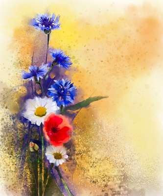 Az akvarell vörös mákvirág, a kék búzavirág és a fehér százszors (bögre) - vászonkép, falikép otthonra és irodába