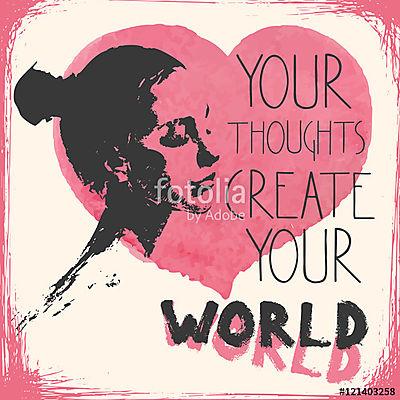 Gondolatait alakítják a  világodat. Női portré rózsaszín szívvel (keretezett kép) - vászonkép, falikép otthonra és irodába