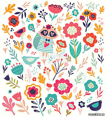 Pattern with cute raccoon and flowers (poszter) - vászonkép, falikép otthonra és irodába