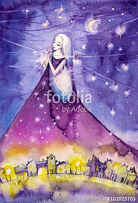 Lány éjjel a csillagok között (akvarell) (fotótapéta) - vászonkép, falikép otthonra és irodába